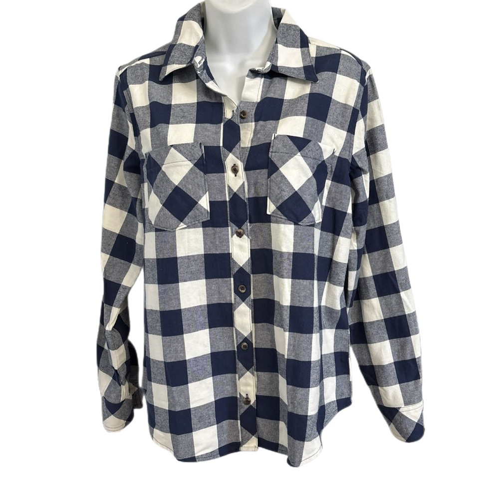 Natural Reflections Navy Blue White Plaid Flannel Long Sleeve Shirt Size S